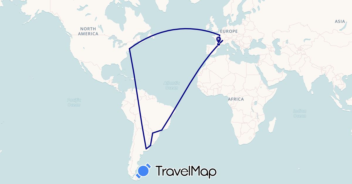 TravelMap itinerary: driving in Argentina, Brazil, France, United States, Uruguay (Europe, North America, South America)